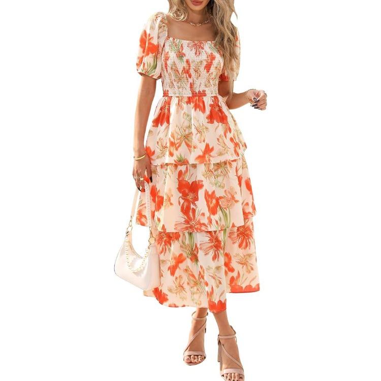 Women Short Sleeve Tiered Floral Maxi Dress Multi Colors Casual Summer Dress S оранжевый