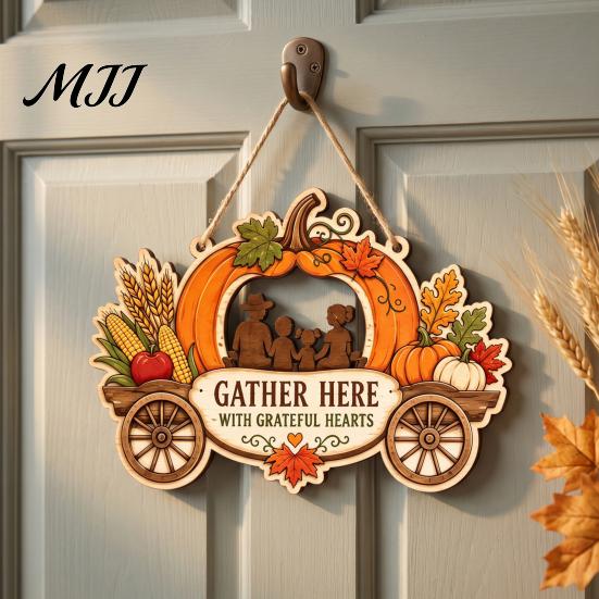 Harvest Theme Home Decoration Thanksgiving Front Door Hanging Sign, Pumpkin Turkey Pattern Hanger, Autumn Indoor Outdoor Holiday Sign Wall Ornament