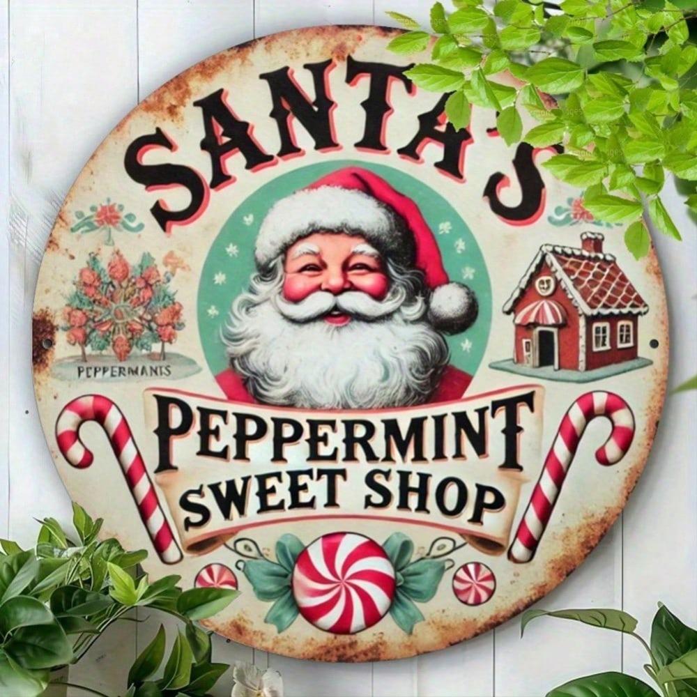 Vintage Santa Claus Candy Store Metal Tin Sign Christmas Wall Decor Holiday Gift
