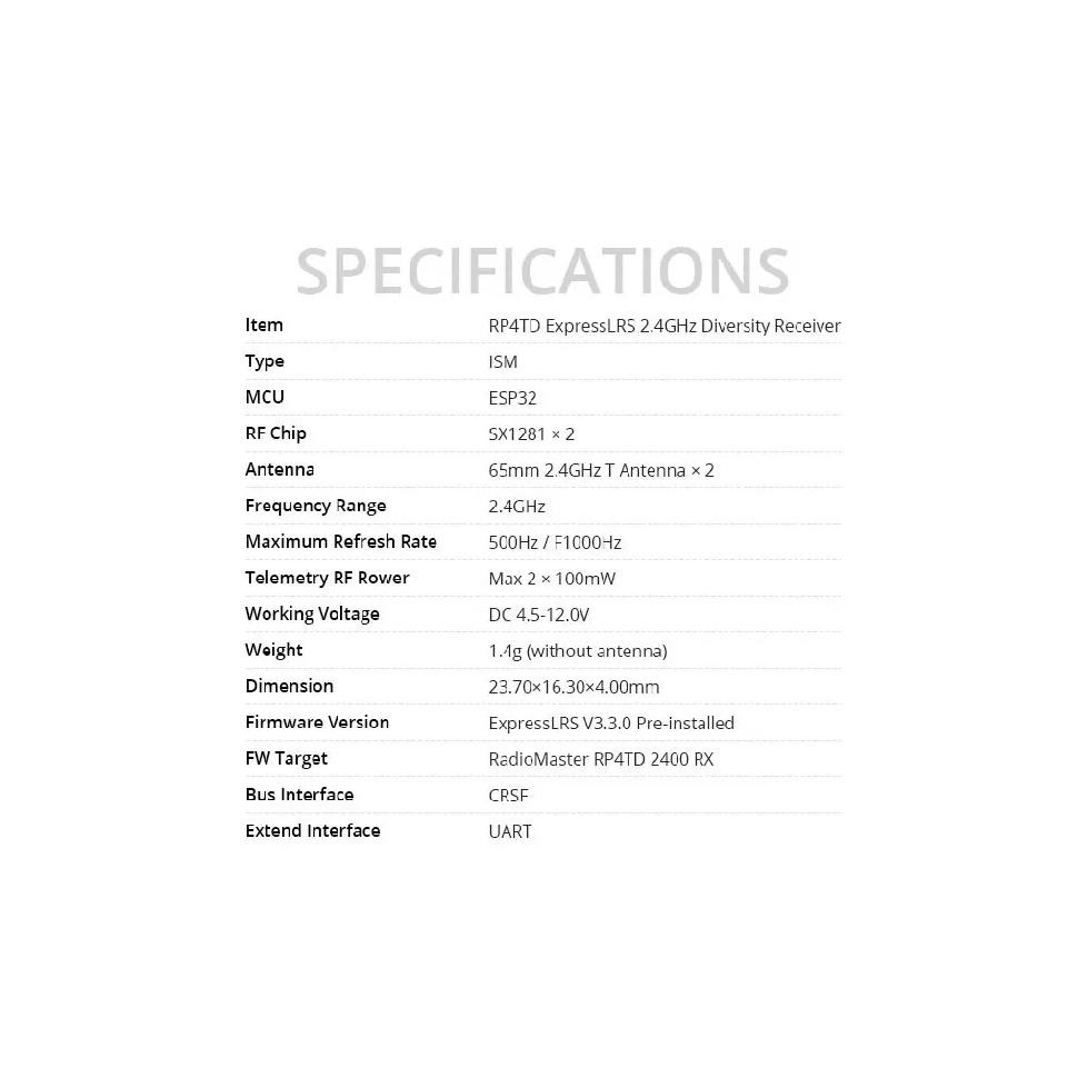 RadioMaster RP4TD ExpressLRS 2.4GHz Diversity Receiver with Dual Antenna for FPV Drone Fixed Wing, RC Model DIY Parts