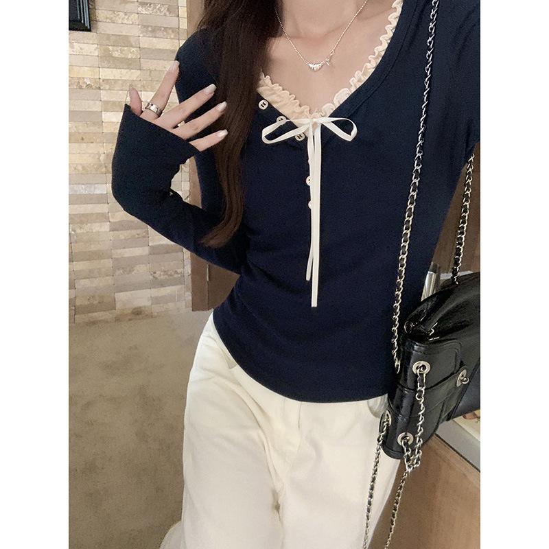 V-neck button design pure desire long-sleeved bottoming shirt for women early autumn gray slim waist T-shirt gentle wind top