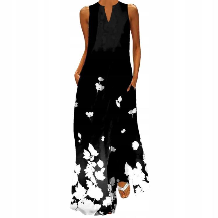 Women Summer Sleeveless V Neck Printed Maxi Dress