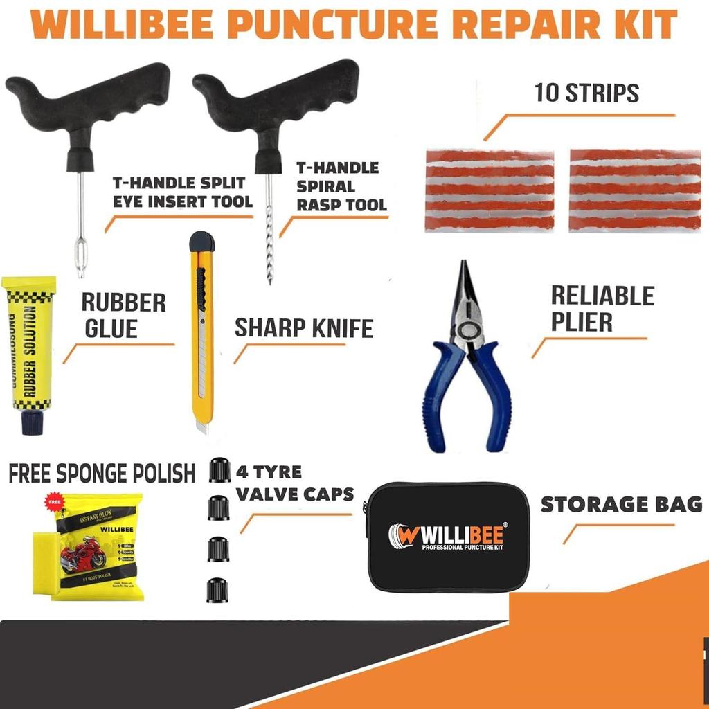 8v1 Sada na opravu bezdušových pneumatik pro auto, kolo, skútr a SUV - Univerzální nouzová sada na opravu defektu (s úložným vakem).