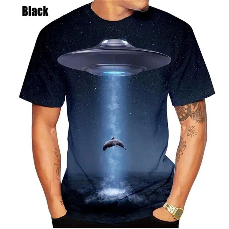 Summer Fashion New Men's Printed T-shirt Spaceship Round Neck Plus Size Men's Short Sleeve Plus Size Casual Sports Top
