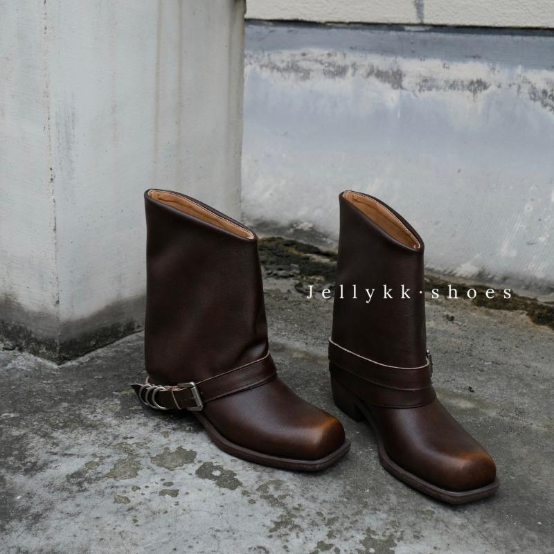 Cowhide Version~ Punk Street Retro Polished Martin Boots Women's Square Head Old Metal Warehouse Tube Western Boots