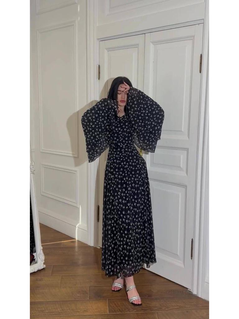 2024 Spring Chiffon Patchwork Dress with Irregular Hem and Ruffle Sleeves