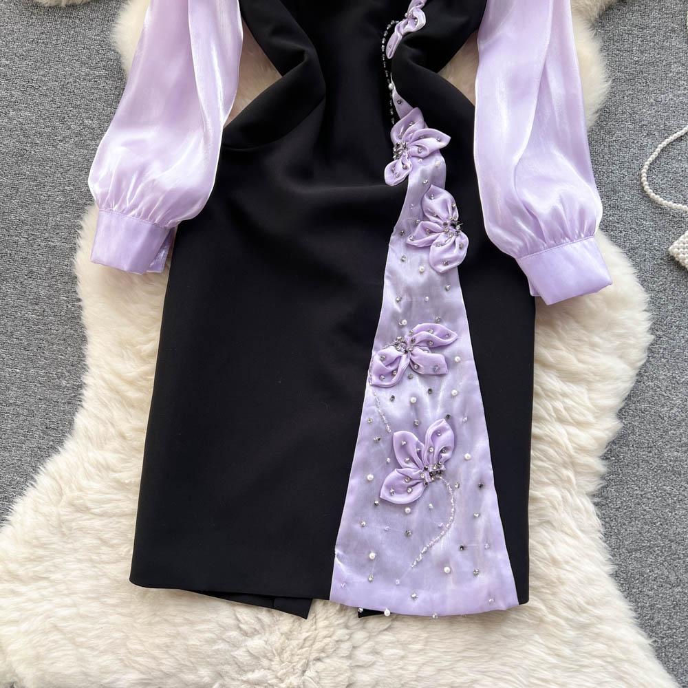 Vår Høst Kjendis Vintage Cheongsam Blyantkjole Dame Ny mote Langermet Mesh Patchwork Elegante Perlebue Festkjoler