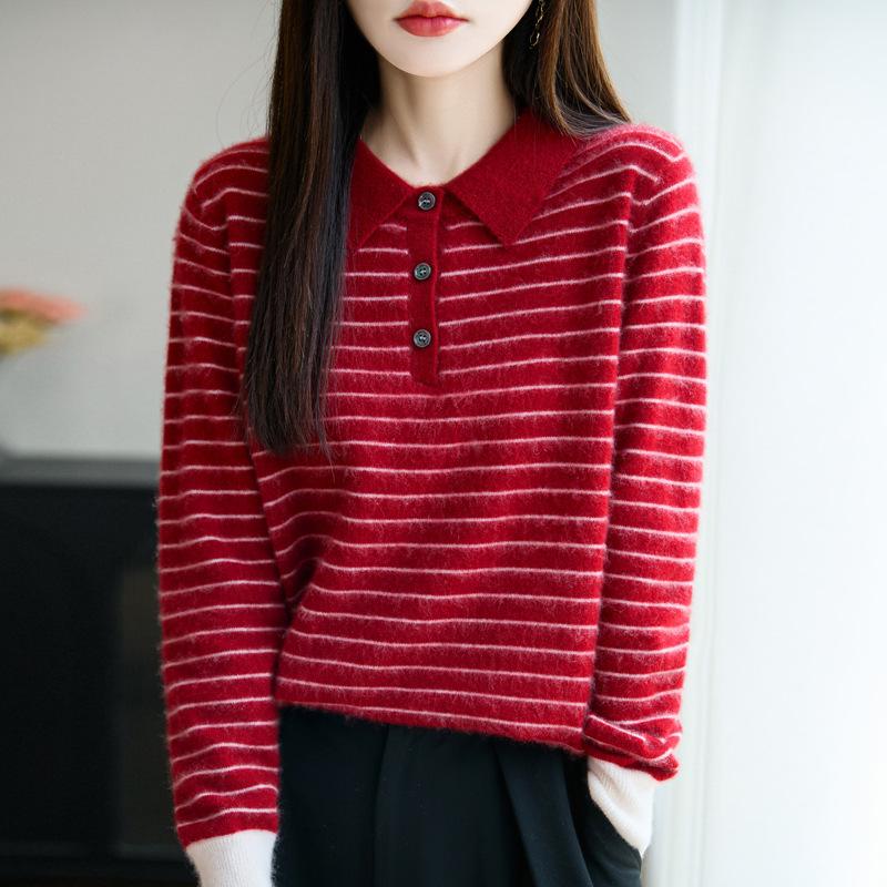 Women's Striped Color Block Polo Neck Knit Sweater - Long Sleeve, Autumn/Winter Top