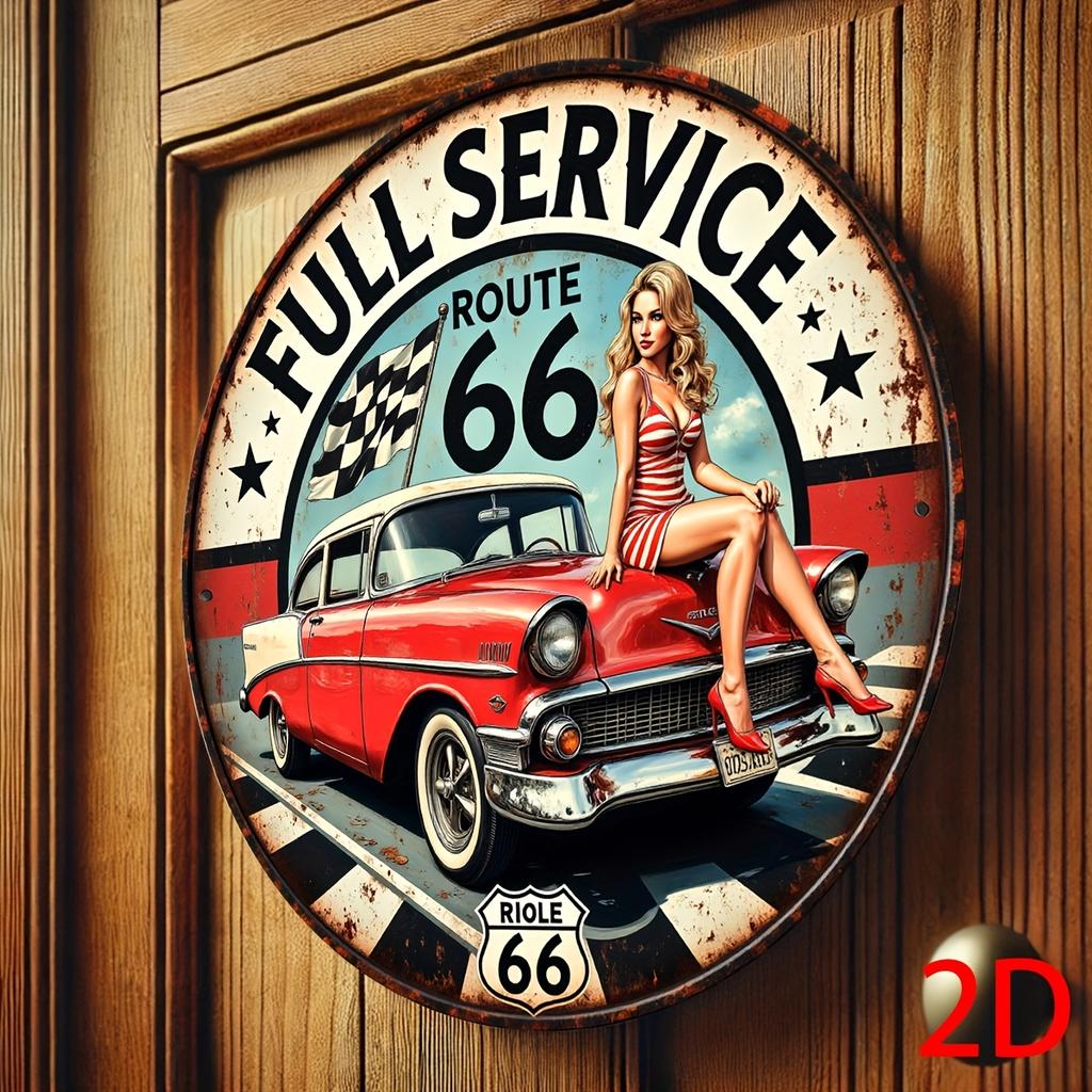 D Flat Vintage Style Route Metal Sign Retro Americana Aluminum Wall Art with Classic Car Checkered Road Design for Bar
