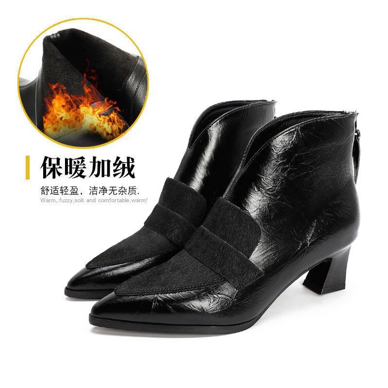 Pointed short boots women's thick heel leather horsehair brown retro short boots high heel leather boots autumn and winter new high-top shoes women