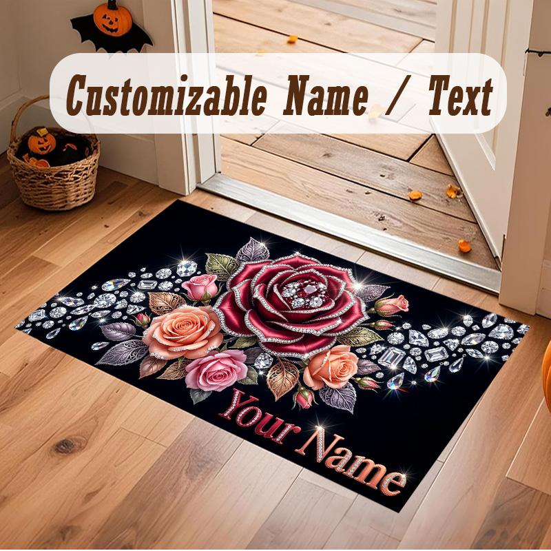 Floral Garden Theme Soft Crystal Velvet Rug Custom Name & Text Print Non Slip Floor Rug for Bedroom Living Room