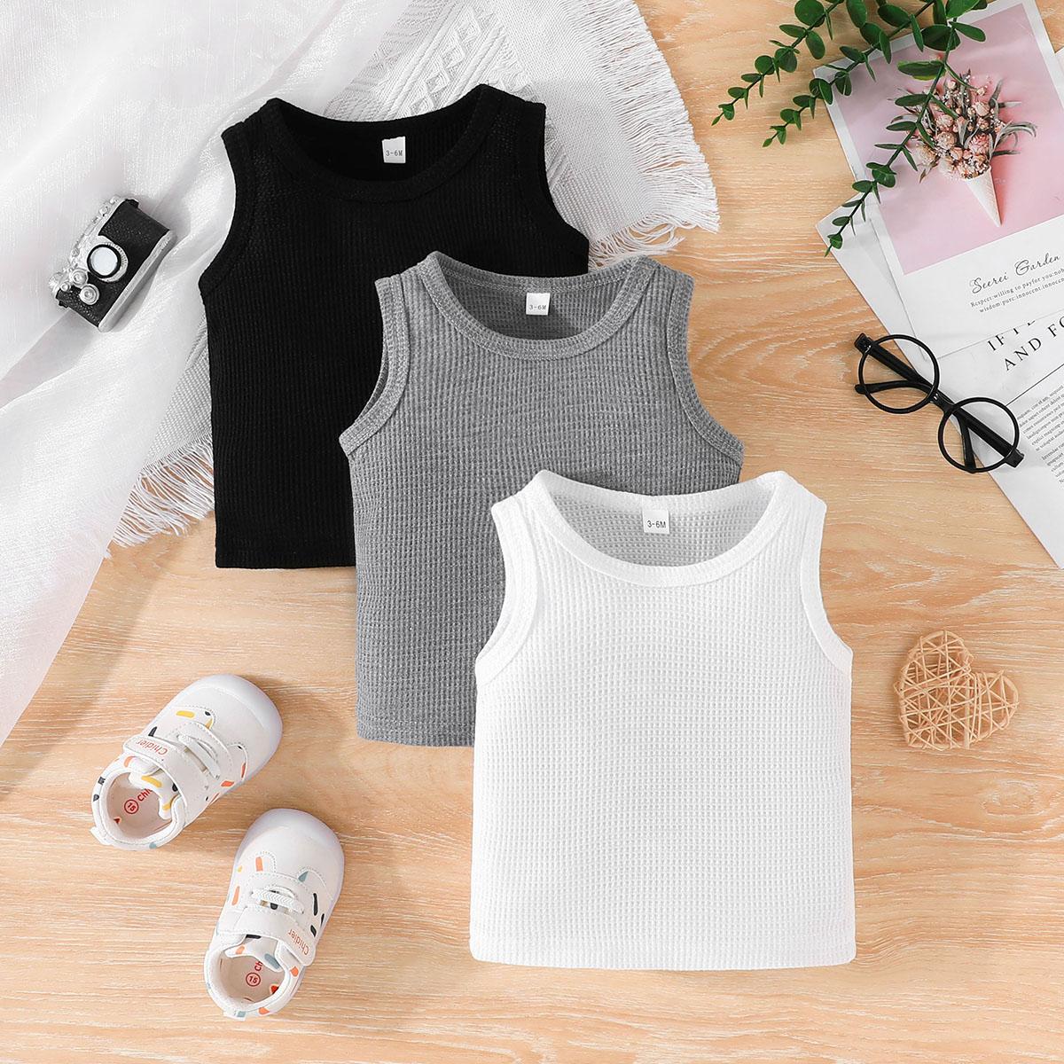 

3PCS Baby Waffle Knit Tank Tops, Sleeveless Solid Color Casual Basic Tops for Infants 3-6M белый