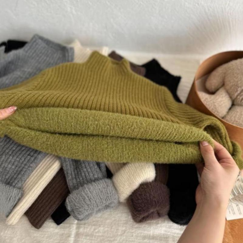 Baby Winter Sweater Girls And Boys Solid Color Thicken Velvet Warm Knitted Pullover Tops Kids Korean Version Sweater