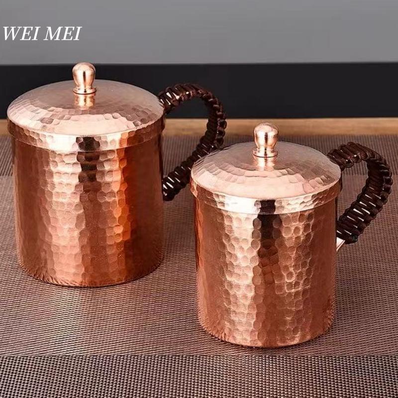 Handcrafted Vintage Pure Copper Coffee Cup,With Lid Juice Breakfast Mug,Woven Handle Hammer Texture Home 550Ml Tea Cup Tableware