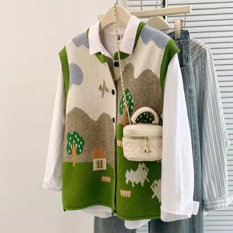 

Осенне-зимний кардиган-жилет из жаккардового трикотажа для женщин, оверсайз, без рукавов S зелёный