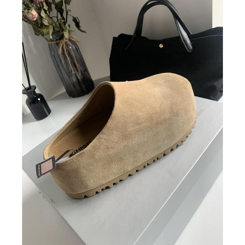 2025 Nowe Damskie Małe Zamknięte Pantofle ze Skóry Nubukowej Podwyższające Obcas Wsuwane do Noszenia na Zewnątrz