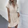 Women's V-neck Lace Trimmed Waist Cinching Short Sleeved Dress