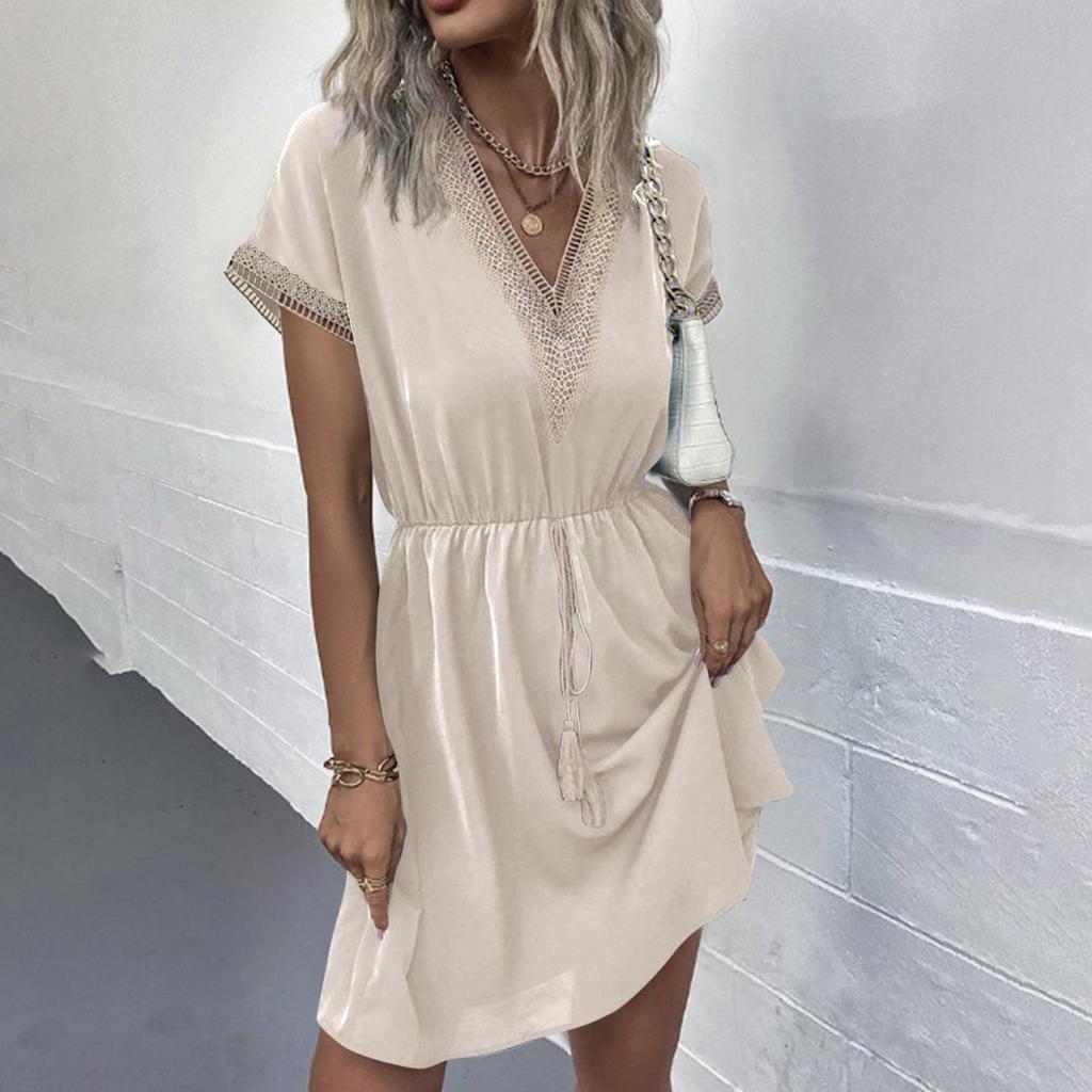 Women's V-neck Lace Trimmed Waist Cinching Short Sleeved Dress