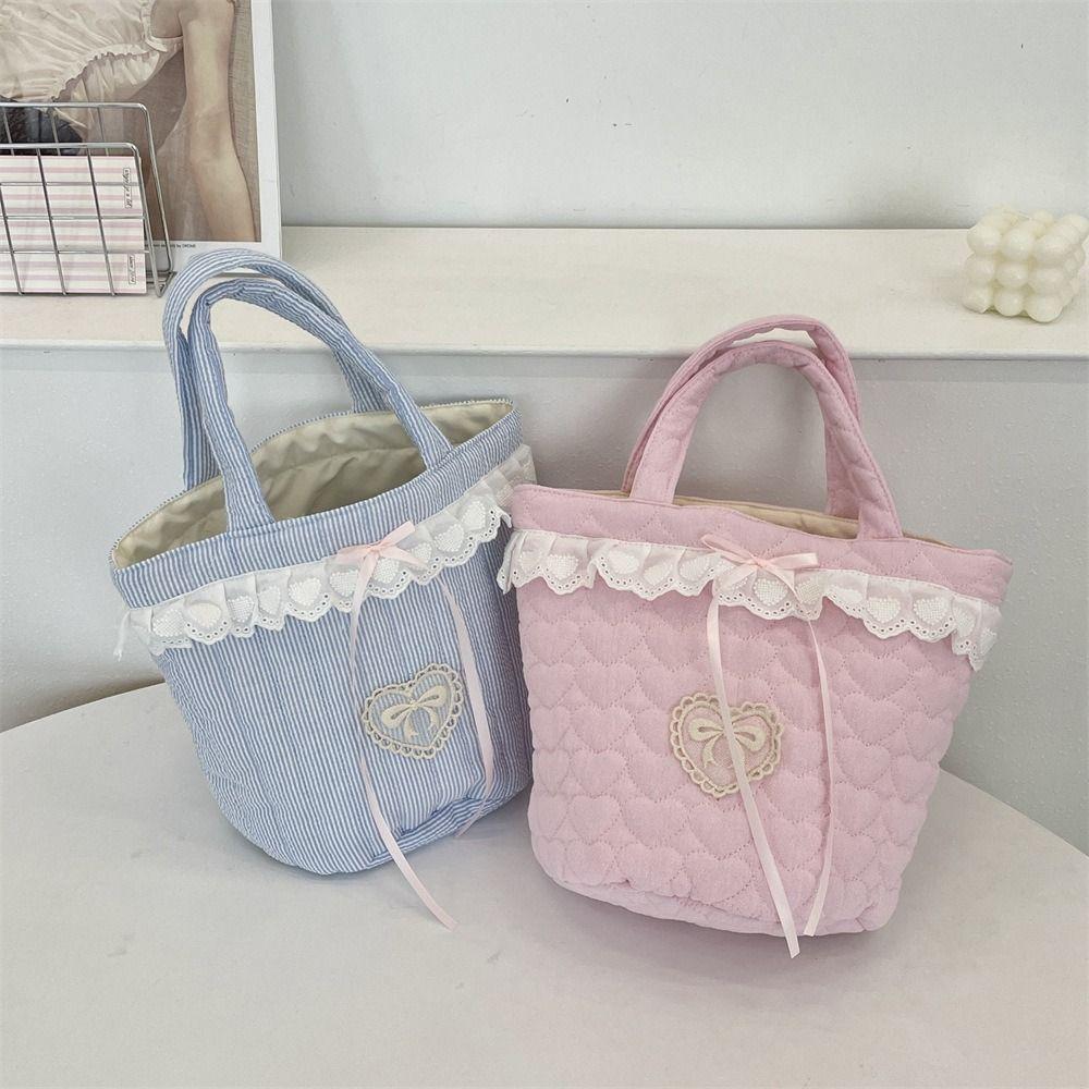 

Sweet Bucket Bag Korean Style Fresh Lace Lunch Bag Portable Bowknot Handbag Women Style5