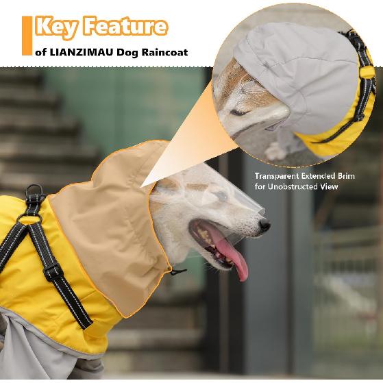 LIANZIMAU Waterproof Dog Raincoat 4 Legs with Leash Hook Reflective Adjustable Belly Strap Clear Hood Lightweight Polyester for Small Medium Large