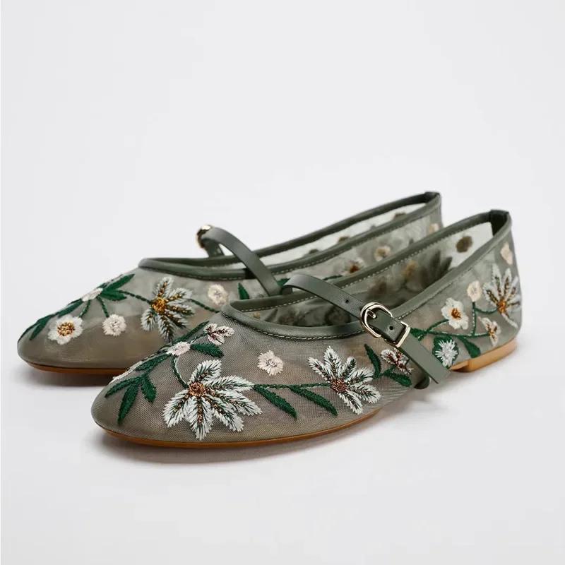 

Мода 2025 Весна Высокое Качество Повседневные Сетчатые Женские Балетки, Декор Пряжкой Большой Размер Туфли Мэри Джейн женская обувь 36 зелёный