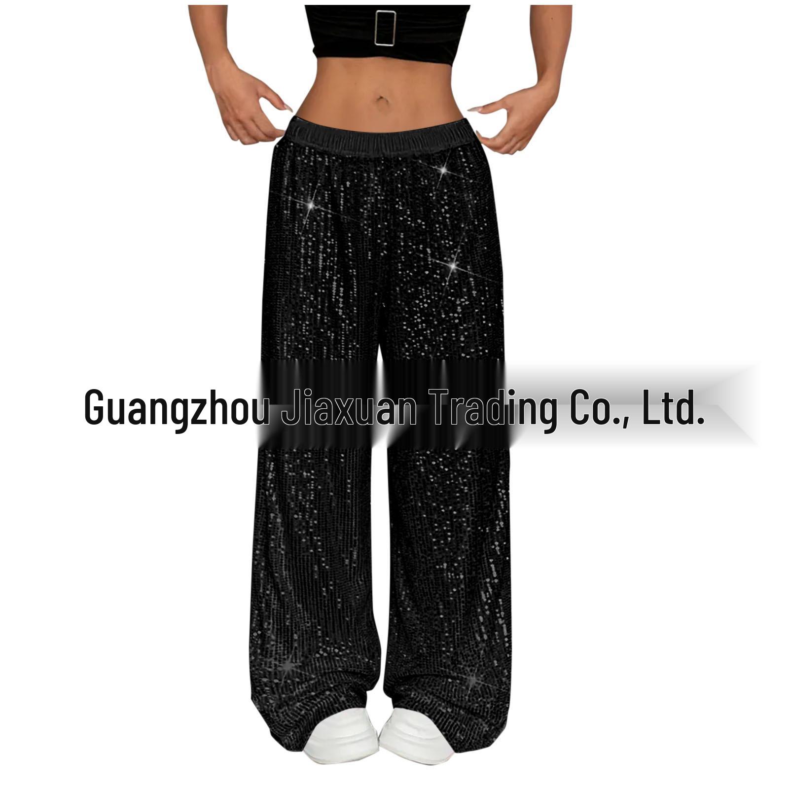 Women s High-Waisted Sequin Wide-Leg Party Pants Extra Large чёрный
