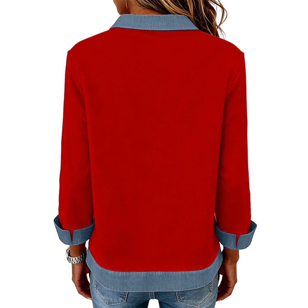 Women's Fashion Flared Long Sleeve Denim Patchwork Sweatshirt Valentine's Day Print Casual Pullover Top