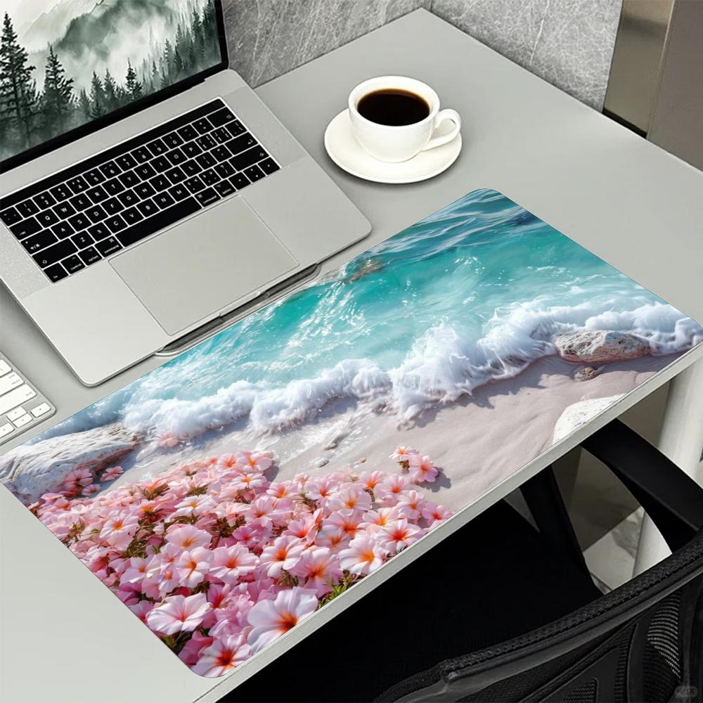 Pink Beach Ocean Floral Large Gaming Mouse Pad Non Slip Rubber Base Extended Mouse Mat For Pc Laptop Gaming Office Desk Setup