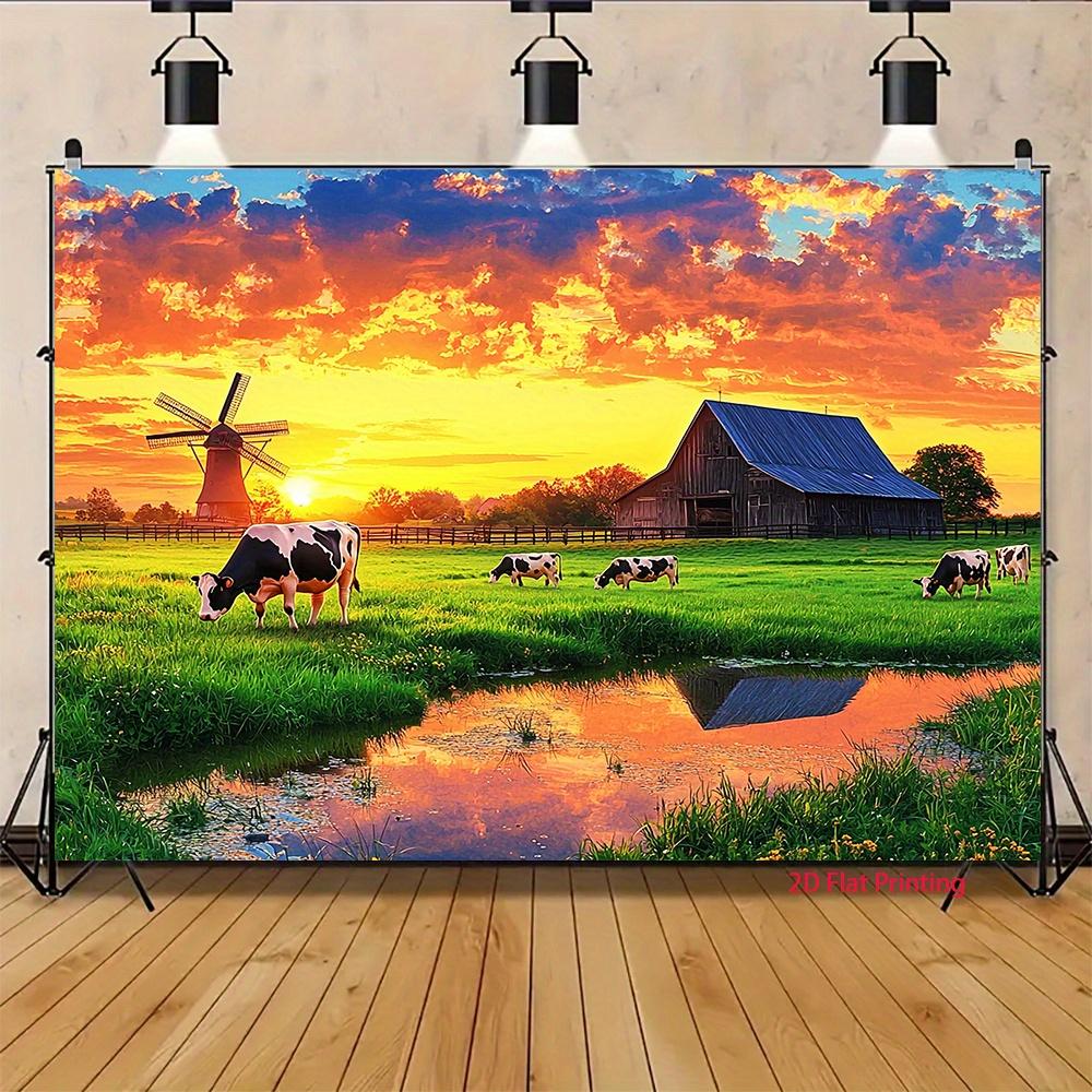 2D flat sunset cattle with windmills and barns perfect for family gatherings outdoor decoration polyester fiber