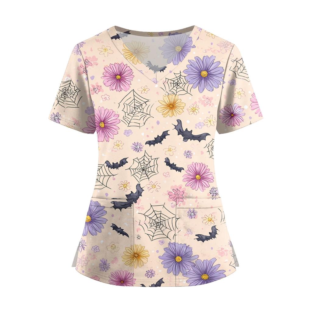 Damenmode V-Ausschnitt Kurzarm Overalls mit Taschen Print Tops Kleidung