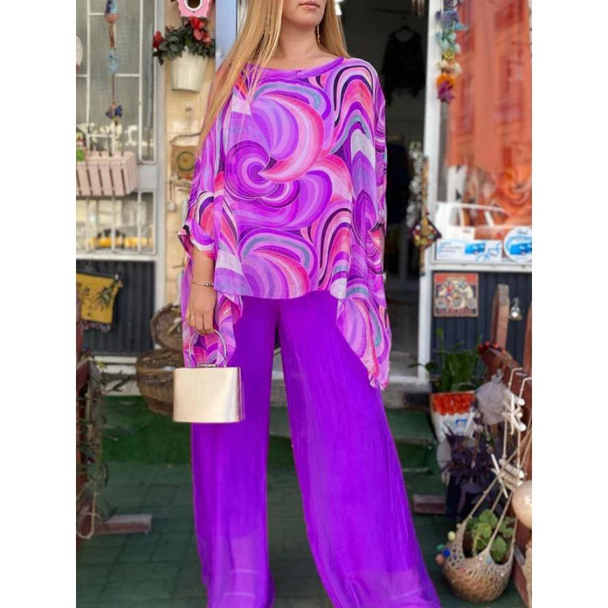 

YYFS Женская Мода Повседневный Летний Весенний Принт Колорблок Рукава 3/4 Круглый Вырез Брюки Костюмы XXXXXL фиолетовый