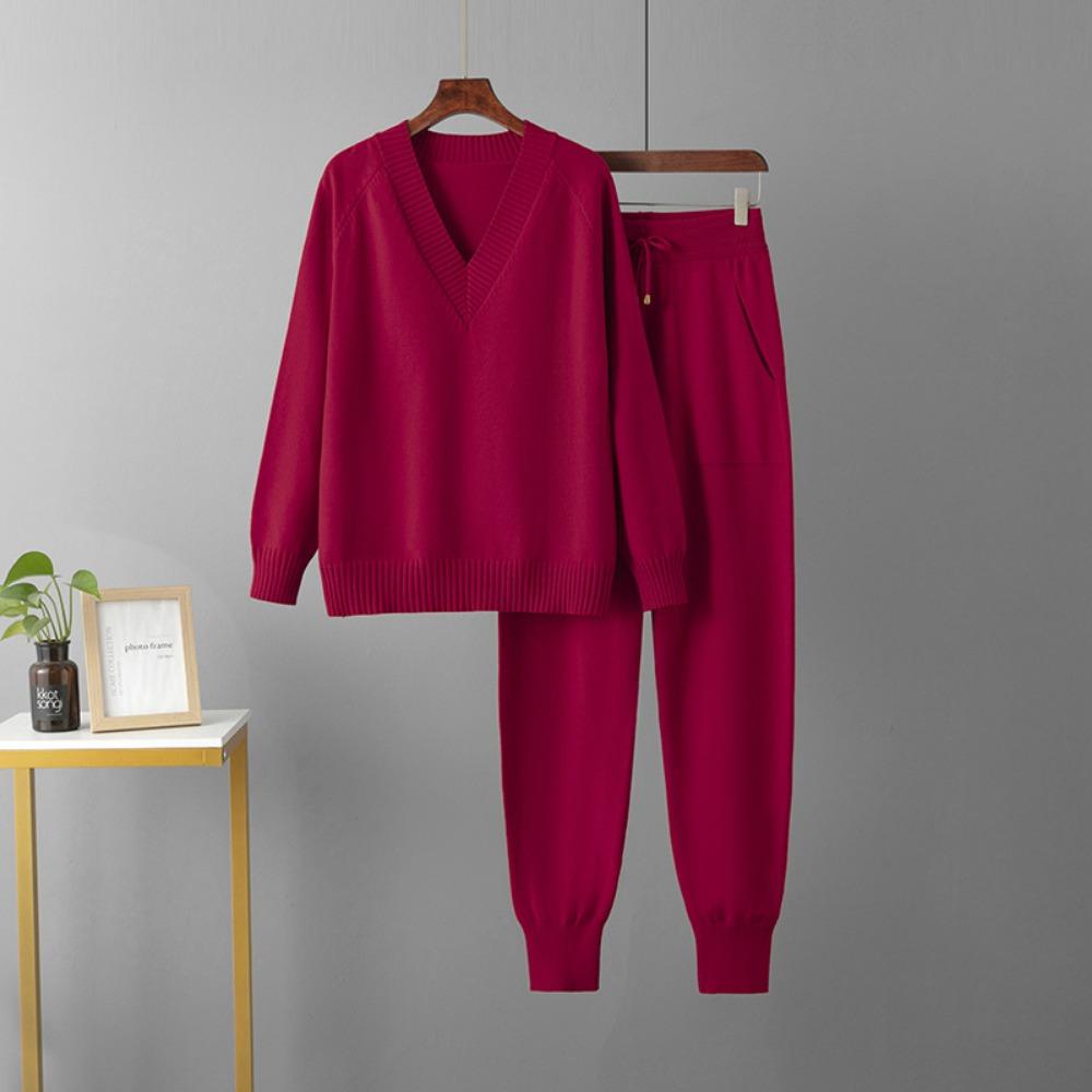 Women's Autumn Winter V Neck Sweater Two Piece Set Knitted Pants Suits Fashion Casual Pullover Tracksuits Outwear