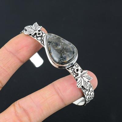 Daughters Day Sale 925 Sterling Silver Black Fossil Coral Stone Bangle Bracelet