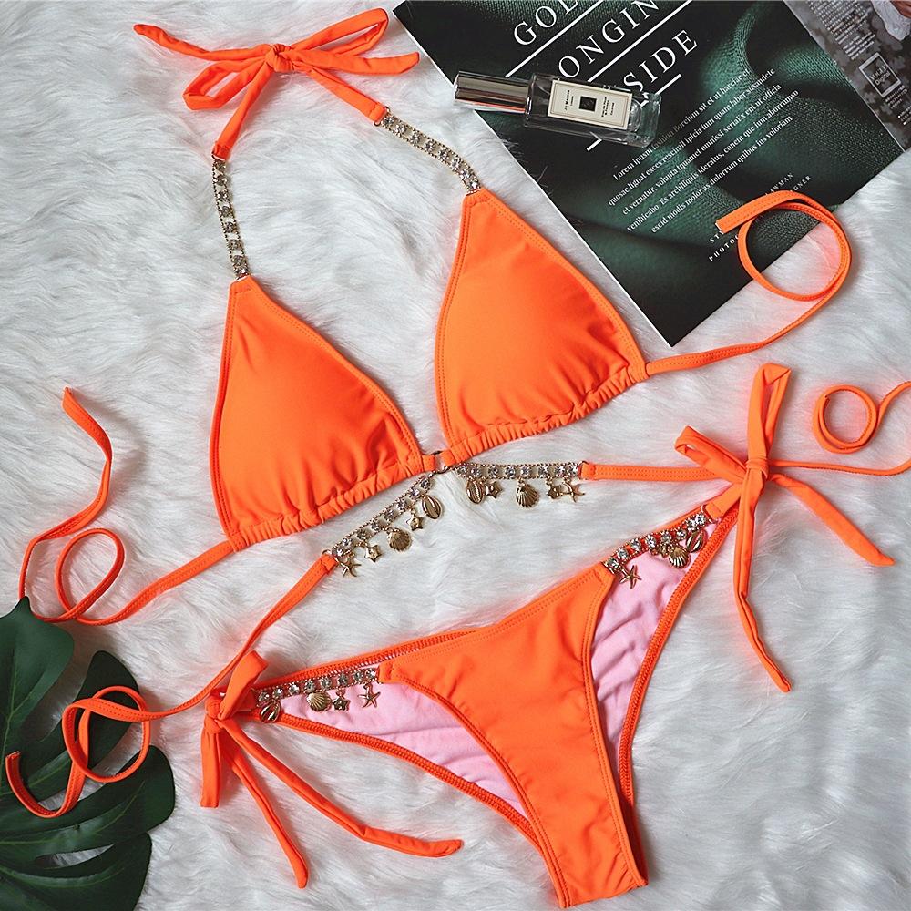 Swimsuit Sexy Strap Solid Color Female Crystal Diamond Bikini Creative Swimsuit