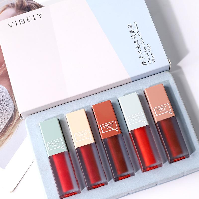 VIBELY Clear Frosted Mirror Women's Aqua Lip Glaze Set of 5 Matte Matte White Non-Stick Lip Glazes