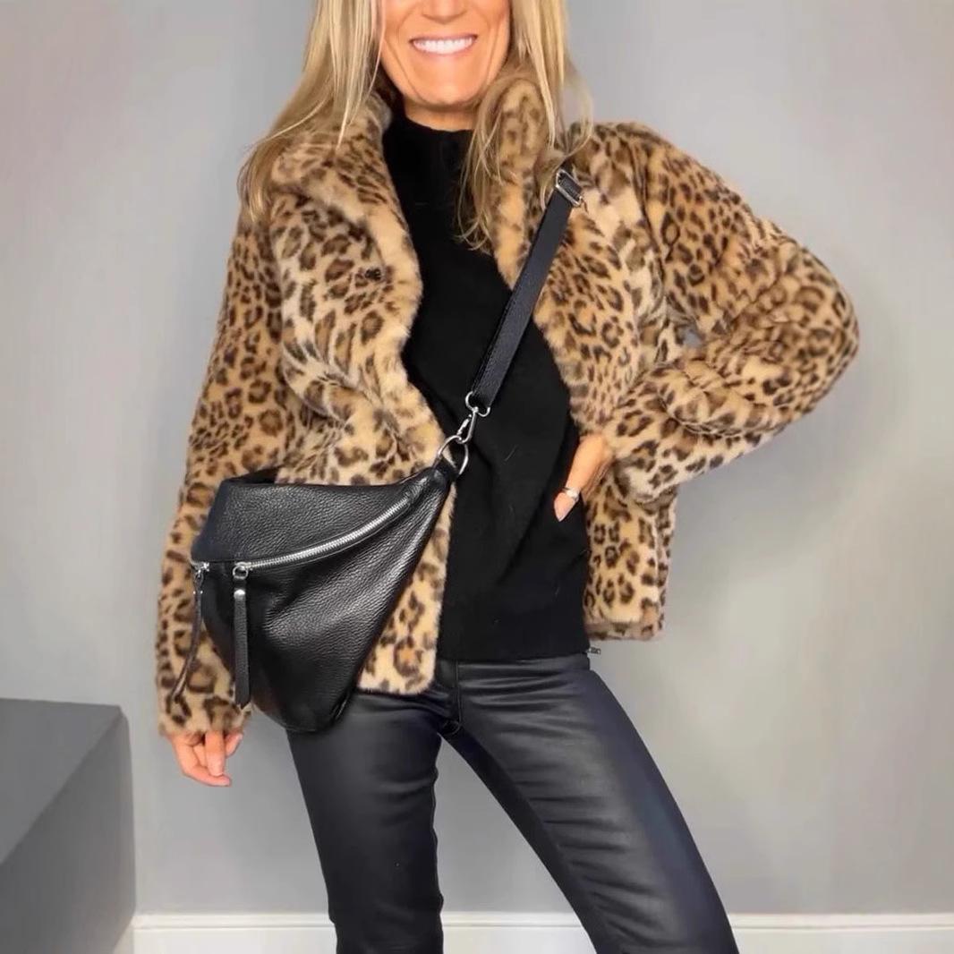 

Женское пальто из искусственного меха 2025 года с леопардовым воротником - Зимняя куртка из шерстяной смеси, Модное пальто с животным принтом, лацканами с разрезом, без жестокости S хаки