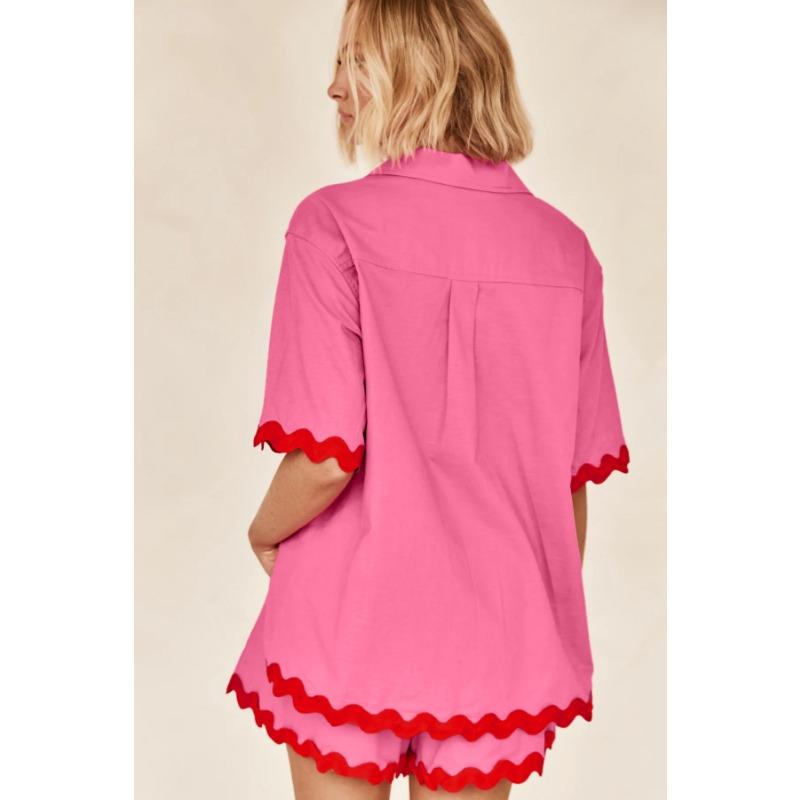 VEZFAA Damenmode Lässig Sommer Frühling Spitze Druck Kurzarm POLO-Kragen Hosenanzüge