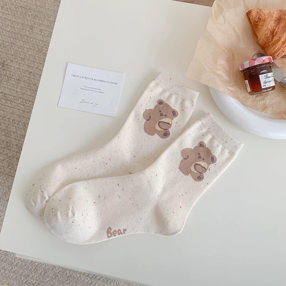 Women s Summer Socks Cute Cartoon Japanese Style Little Bear Cotton Sweat-Absorbent Mid-Calf Casual Three-Dimensional Ears One size fits all