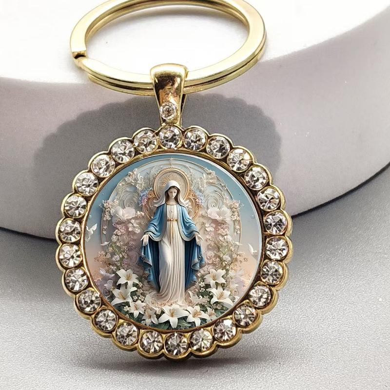 Alloy Round Keychain Virgin Mary Keyrings Pendant Christian Saint Jewelry Religious Christian Faith Gift