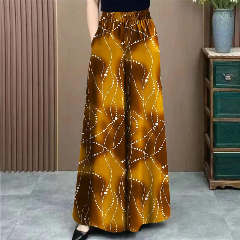 Plus Size Ice Silk Floral Print Wide Leg Pants Summer New High Waist Slimming Casual Elegant Mom Pants Skirt
