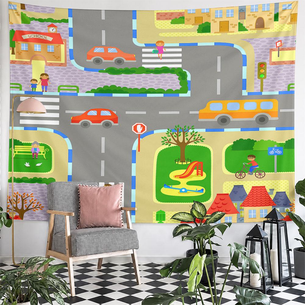 Colorful City Streets and Playground Scene Pattern Wall Hanging Tapestry Decorative Tapestry Home Decor for Bedroom and Living Room