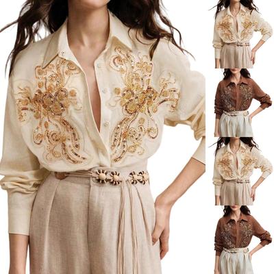 Women's Elegant Vintage Floral Beaded Embroidered Collar Shirt