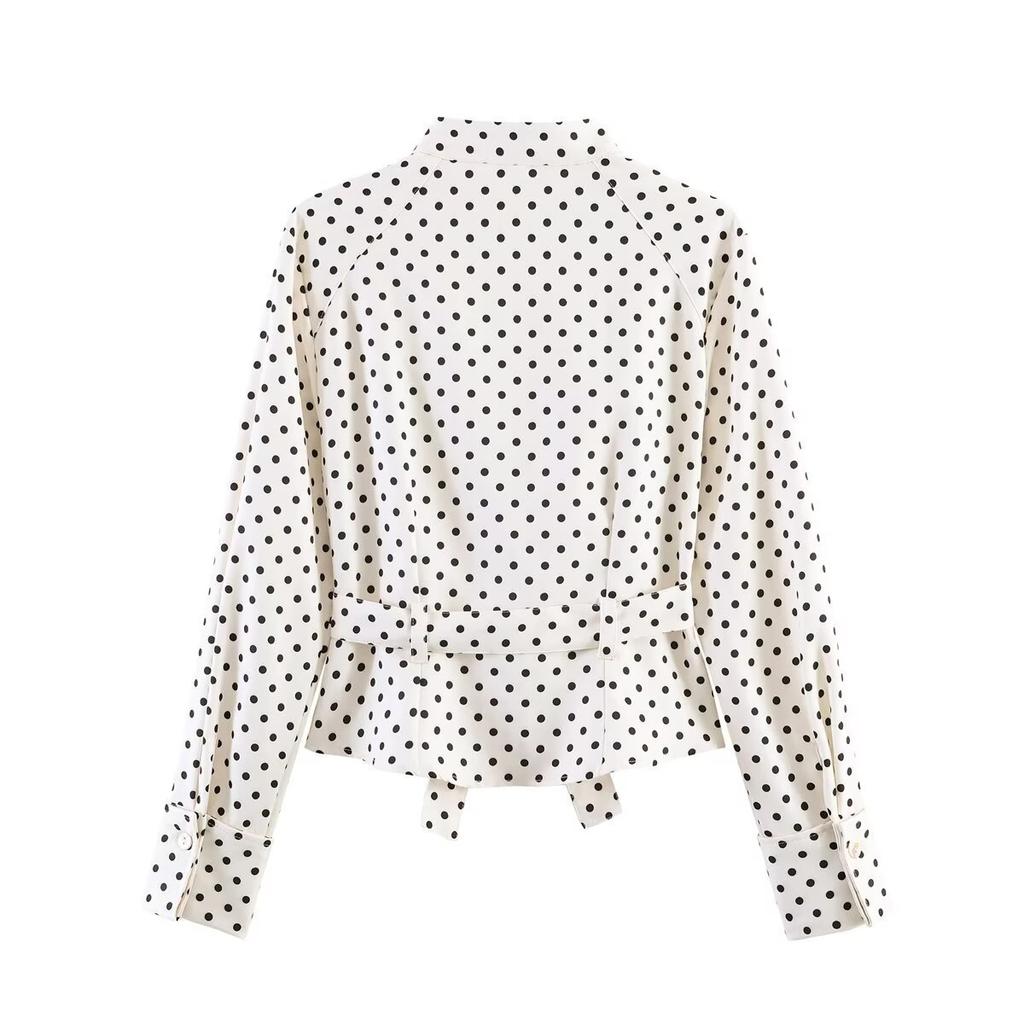 2026 spring new product European and American cross-border women's clothing street fashion polka dot belt long-sleeved top w107 8898