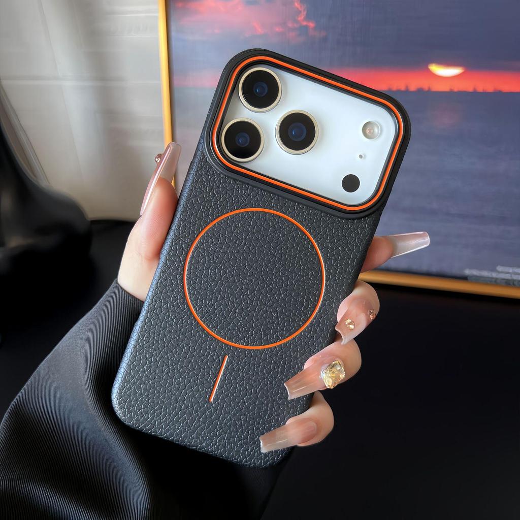 Apple iPhone 13-17 Pro Max Lychee Pattern Magnetic Ring Case, Drop-Proof with Large Camera Hole.