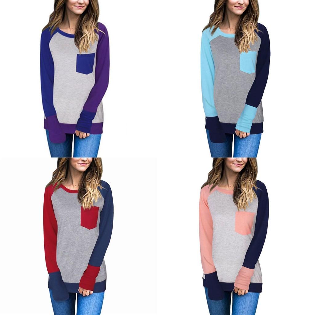 Stylish Casual Womens Long Sleeve Pocket Tshirt With Stitched Color Details