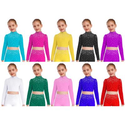 Girls Jazz Dance Costume Mock Neck Long Sleeve Crop Top Keyhole Back Sparkling Rhinestones Tops