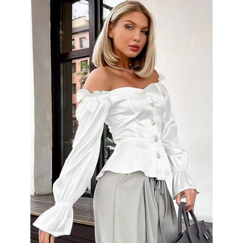 New Arrival French Style Satin Fashion Sexy off-Shoulder off-Shoulder Shirt Sexy off Shoulder Shirt