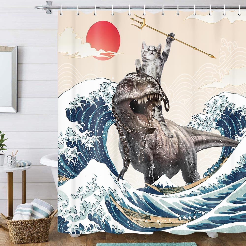 

Funny Animal Shower Curtain, Cute Raccoons Ride Shark Ocean Waves Shower Curtain With Hooks, Nautical Coastal Fabric Bathroom W60H190(CM)-1 Pcs