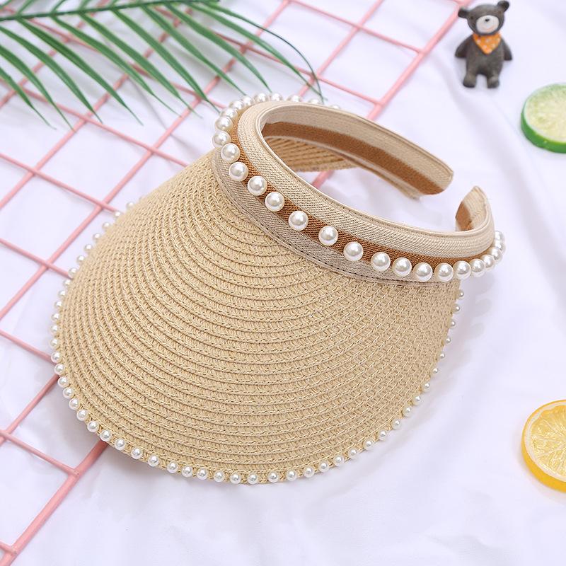 Empty Top Straw Hat Women'S Summer Sun Protection Hat Pearl Headband Hat Outdoor Sports Travel Fashion Sun Hat