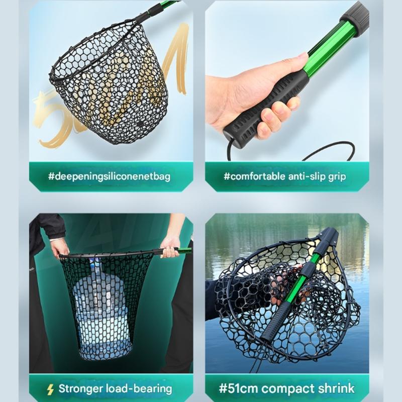 Compacts Fishing Net With Extendable Aluminum Alloys Handle Anti Hook Silicones Net For Lake Sea Anglers